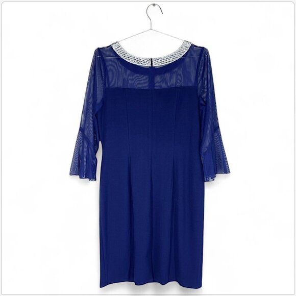 Alex Evenings Electric Blue Beaded Illusion Bell Sleeve Rhinestone Dress NWT 16 - Picture 4 of 5